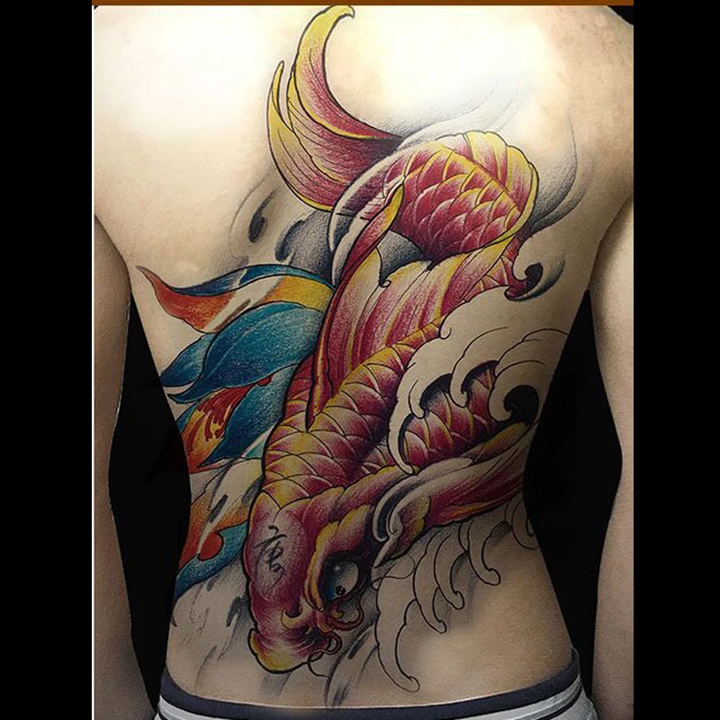 309 20 De Réductiongrand Arrière Tatouages Temporaires étanche Couleur Carpe Poisson Et Fleur De Lotus Faux Tatouage Pour Femmes Hommes Corps Art