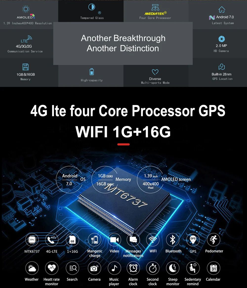 Letine gps Смарт-часы i7 Android 7,0 IP67 Водонепроницаемый Wi-Fi 4G Bluetooth Часы сердечного ритма 1 GB + 16 GB Камера Smartwatch