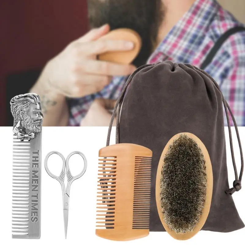 5pcs/set Beard Brush Set Double sided Styling Comb Scissor Repair