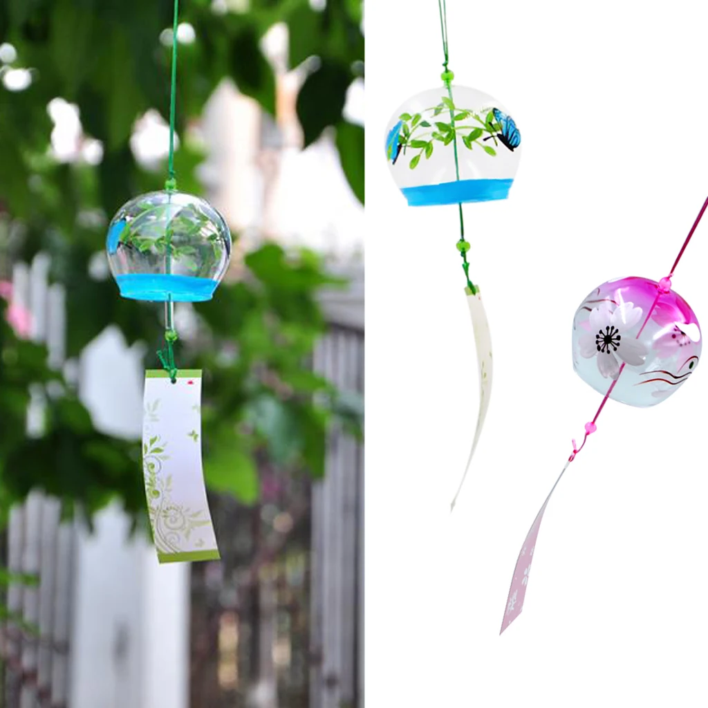 2 шт японский стиль стеклянный колокольчик Furin Wind Chime вишневый цвет узор с Сакурой