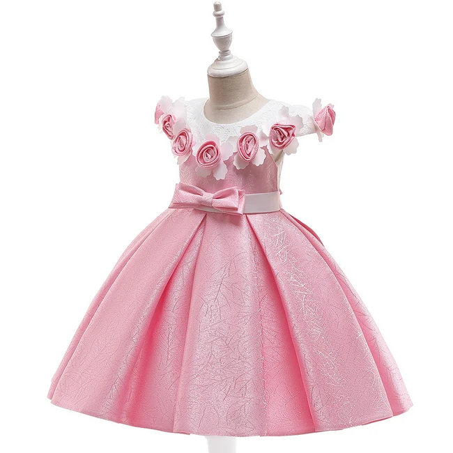 Детские Атласные Платья для первого причастия для девочек; Бальные платья; блестящее жаккардовое розовое платье с аппликацией; летнее платье для свадьбы, дня рождения