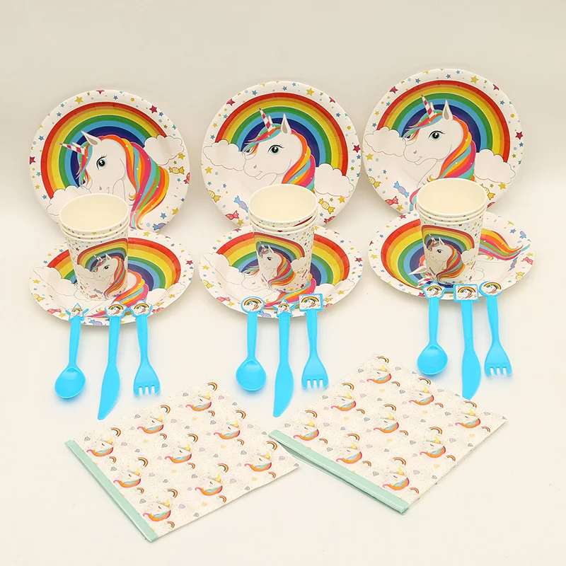 

Suitable for 12 people high-quality Unicorn theme Disposable Tableware Set 92pcs/lot Children Birthday Party Decoration Supplies