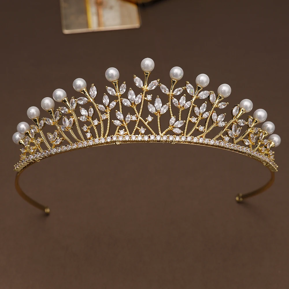 

Marquise Cubic Zirconia Tiara Crown Princess Simulated Pearls Flower Girls Headband Hair Accessories for Wedding Party Headdress