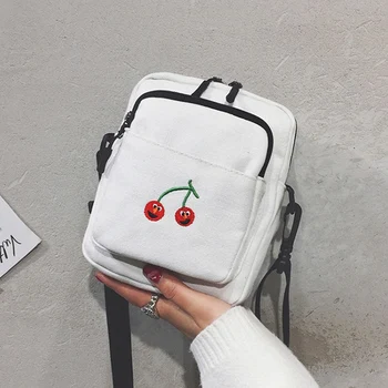 

JHD-Simple Bag Fashion Girl Cartoon Mini Cherry Print Cute Messenger Bag Female Bevel Funny Sweet Girl Canvas
