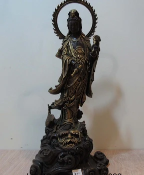 

Tibet Temple Copper Bronze Kwan-yin Guanyin Bodhisattva Ride Dragon Fish Statue