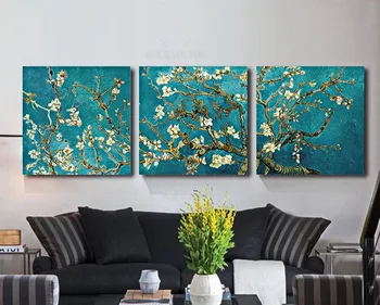 

3 pieces Modern handmade paintings Van Gogh apricot blossom on oil painting canvas for living room decor and wall art poster