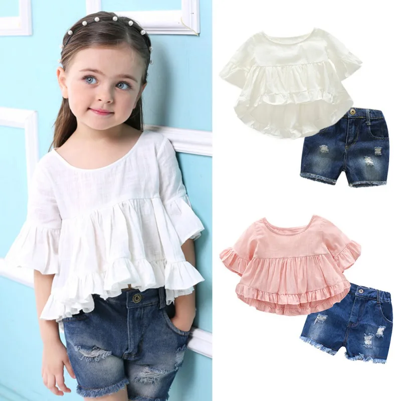 

Baby Girl Clothes Cotton Solid Butterfly Sleeve Blouse T-shirt Casual Denim Shorts Set Summer