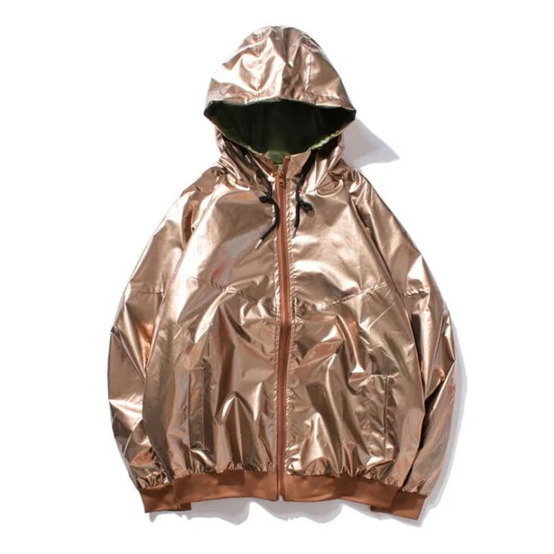 

Brand Mens Windbreaker Jackets Hip Pop B-Boy Silver Glossy Hooded Jacket for Men Streetwear Bomber Jacket Male Female