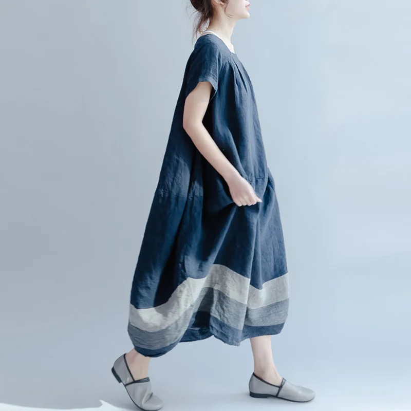 Women Patchwork Round Neck Loose Long Shirt Female Short Sleeve Cotton Dress Brief Vestido Pullover Oversize Baggy Party Kaftan Dresses