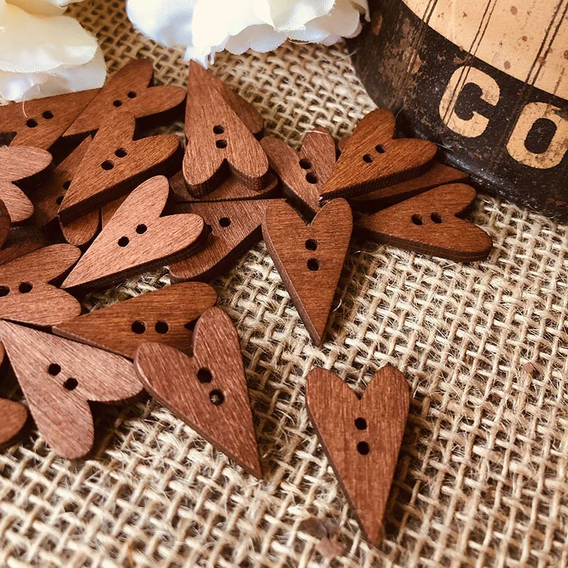 

100pcs Heart Shape Wood Button, Vintage Brown Heart Buttons, Sewing Scrap booking Card Making Natural Wood Embellishments Supply