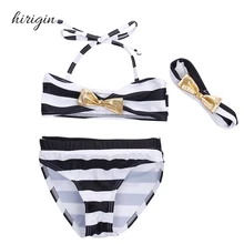 HIRIGIN бренд Смешанный хлопок детские джинсовые штаны для маленьких девочек, в полоску, набор бикини c бантом; купальный костюм для плавания, комплект из 3 предметов
