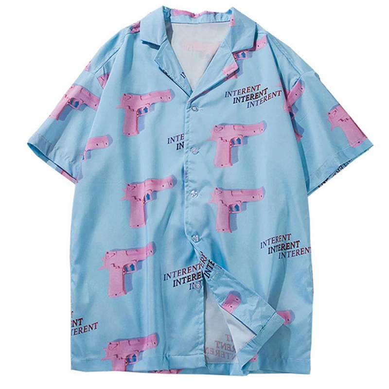 

Turn-down Collar Shirts Men 2019 Summer Hawaii Style Pink Gun 3d Printing Casual Streetwear Hip Hop Short Sleeve Shirt