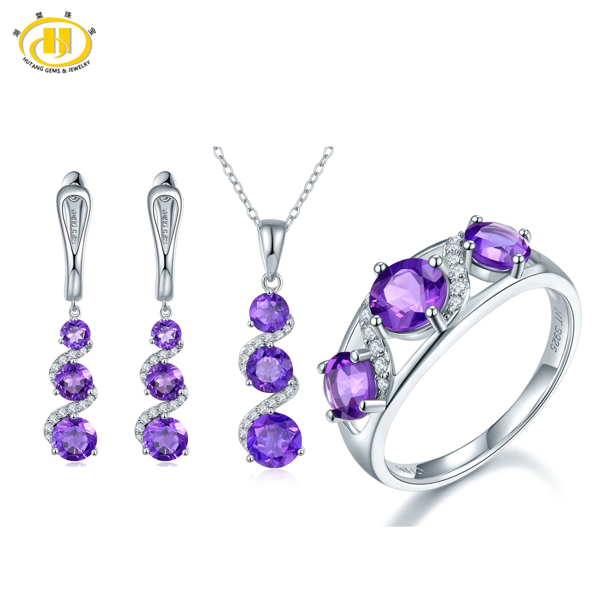 

Hutang Solid 925 Sterling Silver Natural Amethyst Jewelry Sets Pendant Ring Earrings for Women Gemstone Fine Jewelry Gift 2017