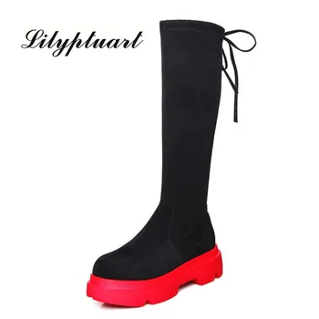 

European and American style sheep anti-velvet polyurethane bottom, but knee boots, round head, lace-up design, elastic boots
