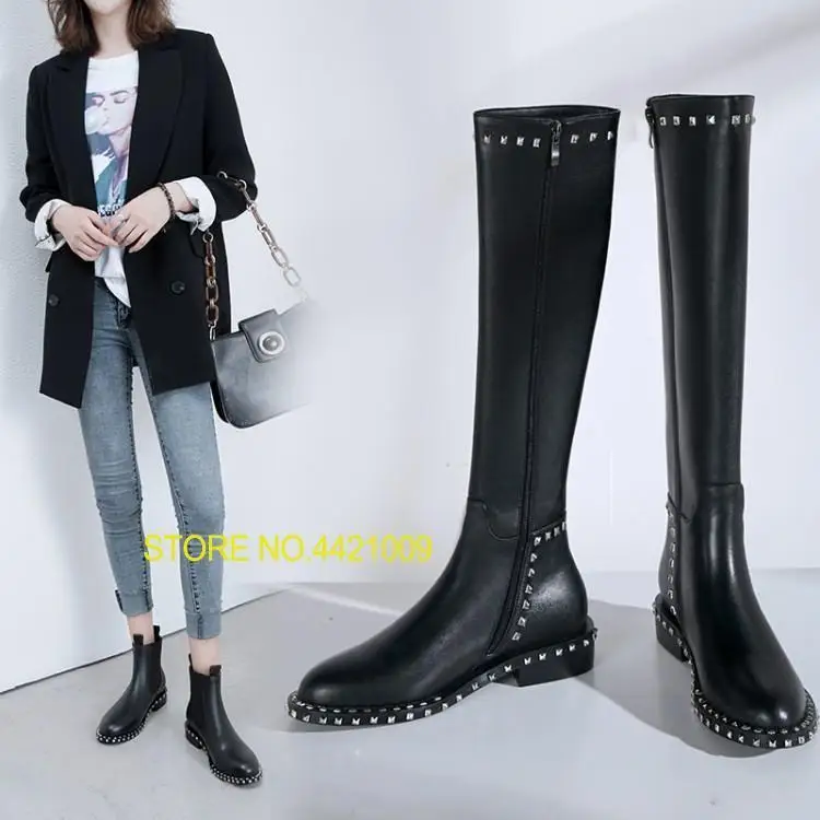 

Autumn Winter Shoes Woman Long Knee High Boots 2018 Designer Rivets Leather Bota Feminina Studded Thigh High Bottines Femmes