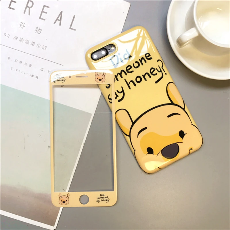 360 Full Cover Phone Case + Glass for IPhone XS Max X XR 8 7 6 S 6S Plus 7Plus Coque Winnie Pooh Women Cute Cartoon Shell Fundas
