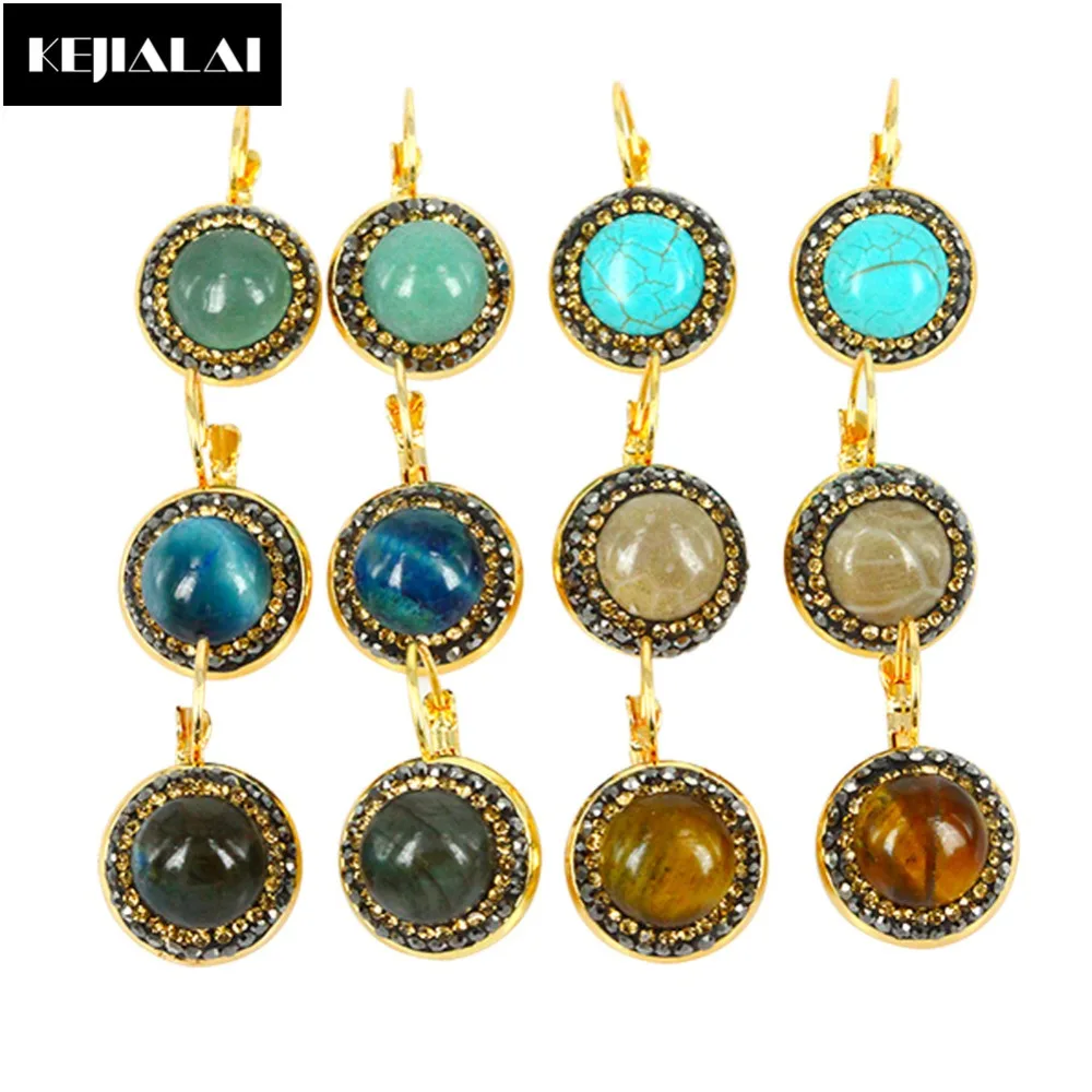 

Vintage Bohemian Zirconia Earrings Natural Stone Opal Tiger Eyes Round Shape Dangle Earrings for Women Pave Rhinestone Best Gift