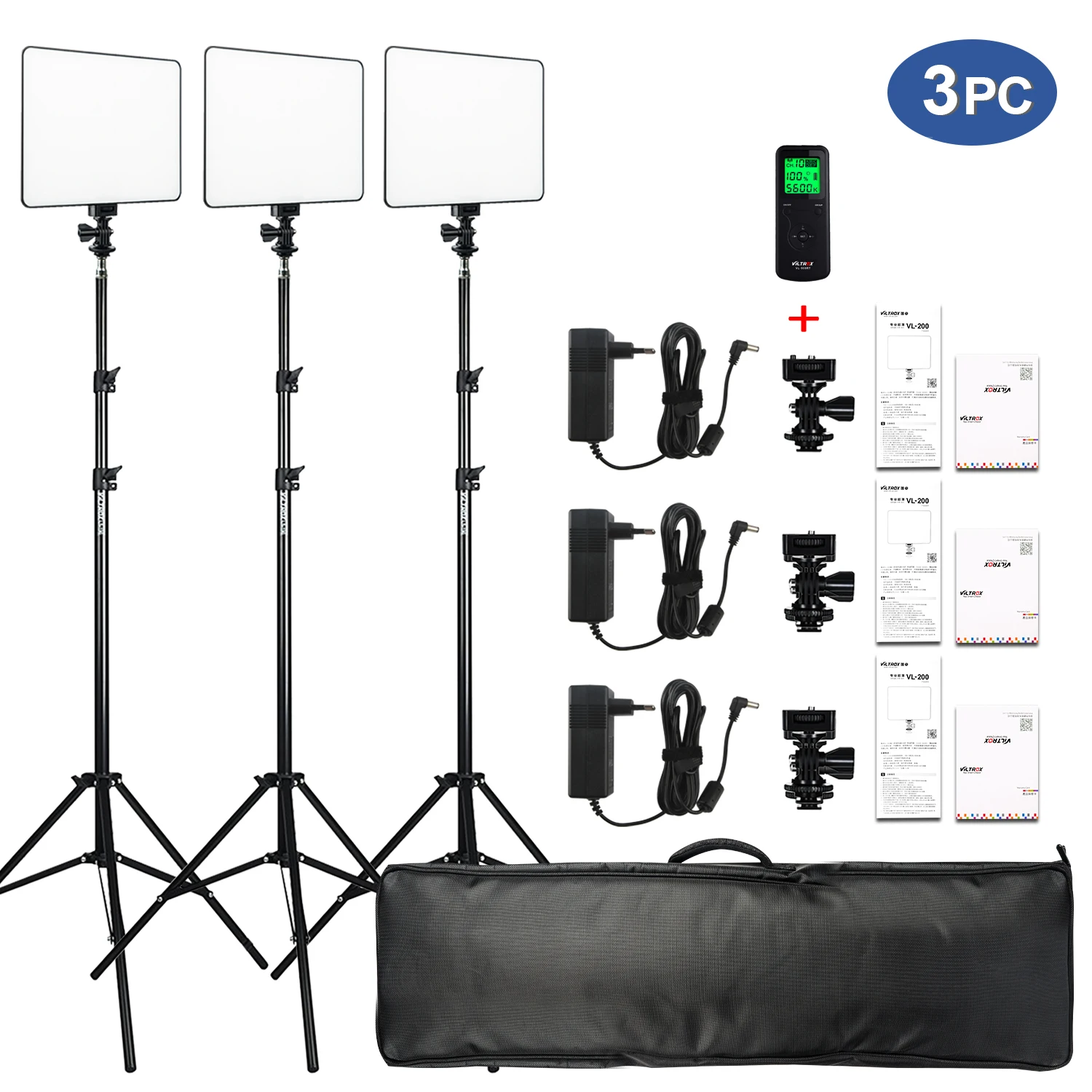 VILROX 3pcs VL 200T Bi color Dimmable Wireless remoсветодиодный LED Video Light Panel светильник Kit + 75 Stand для