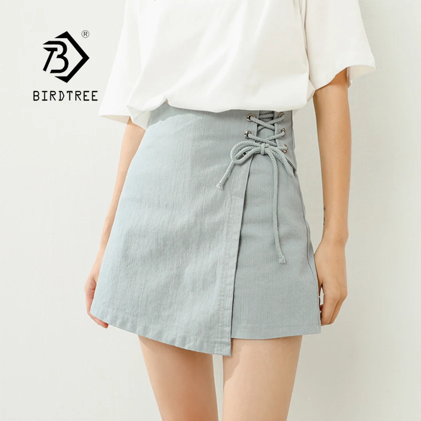 

2019 New Arrival Summer Women High Waist Solid Bandage Skorts Irregular Hem Light Blue Skirt Shorts Feminino Casual Wear B94504F