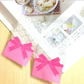 

7*10cm 400Pcs/Lot Pink Lace Bowknot Self-adhesive Retail Plastic Bag For Party Favor Biscuit Snack Cookie Baking Packaging Bag