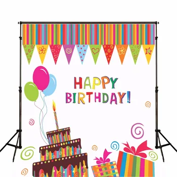 

Photographic Background Colorful Painted Flags Baby Happy Birthday Backdrops Cake Present Balloons for Sale Photocall Fotografia