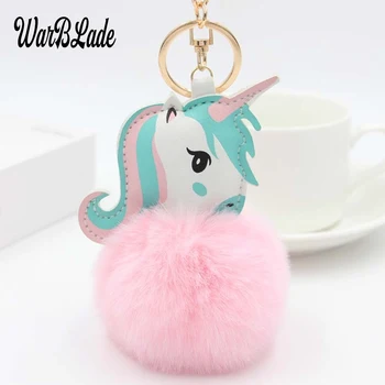 

10pcs/lot Fluffy Unicorn Keychain Pompom Rabbit Fur Ball Horse Key chain porte clef Bag Car Keyring llavero mujer chaveiros WBL