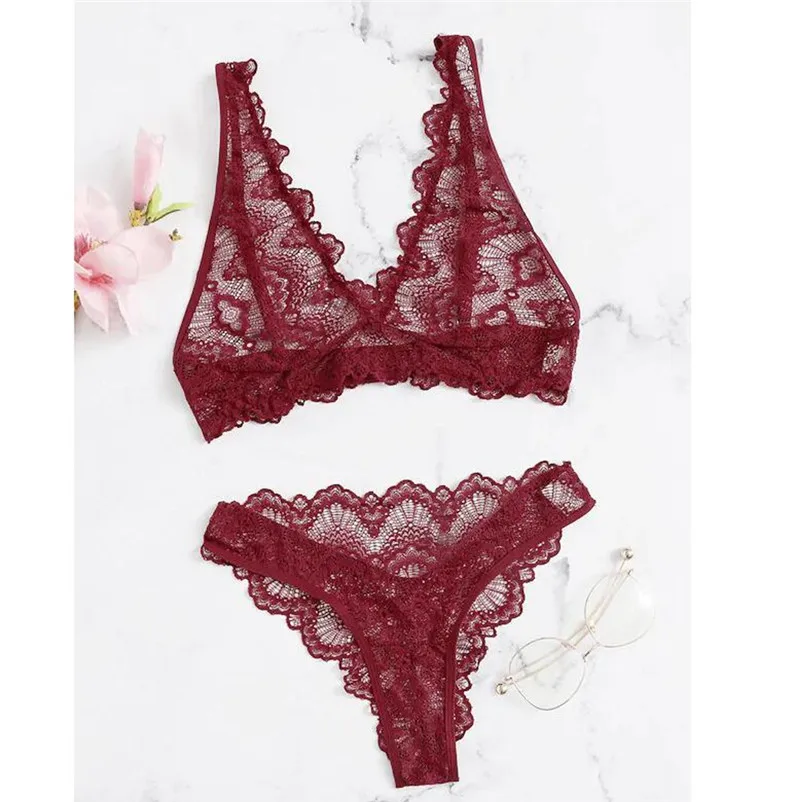 

2pc New Women Lingerie Sissly Plus Size Lace Sexy Deep V Lingerie Bra Set Babydoll Underwear women Sexy Transparent Lingerie#15S