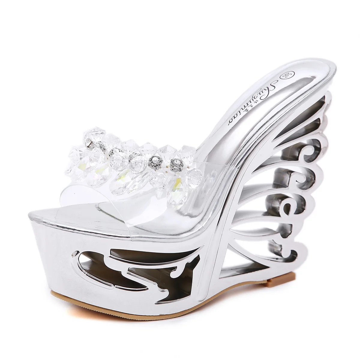 

Crystal Platform High Heels Summer String Bead Sexy Dress Shoe Abnormal Pvc Transparent Heels Sandals Women Hollow Heeled