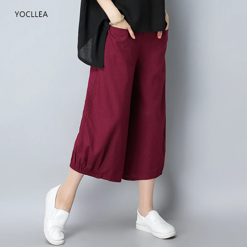 

Summer Pants Women Cotton Linen Elastic Waist Wide Leg Pants female Loose Plus size High street Casual Women Trousers Bottoms