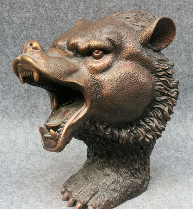 

USPS to USA S1489 12" Chinese Refined Pure Bronze Decoration Art Wild Ferocious Bear Head Statue B0401