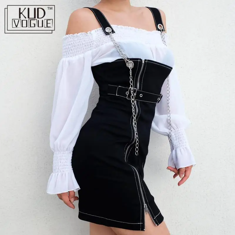 

Black Punk Bodycon Dress With Metal Chain Streetwear Zipper Split Sexy Mini Dresse Metal Chain Belt Strap Party Night Dress Fall