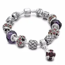 Фиолетовый Кристалл Шарм Браслеты и браслеты для женщин с муранского стекла бусины браслет любовь покрытием серебро DIY ювелирные изделия