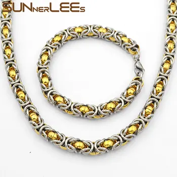 

SUNNERLEES Jewelry Stainless Steel Necklace Bracelet Set 7mm Silver Color Gold Plated Byzantine Link Chain Mens Womens Gift SC33