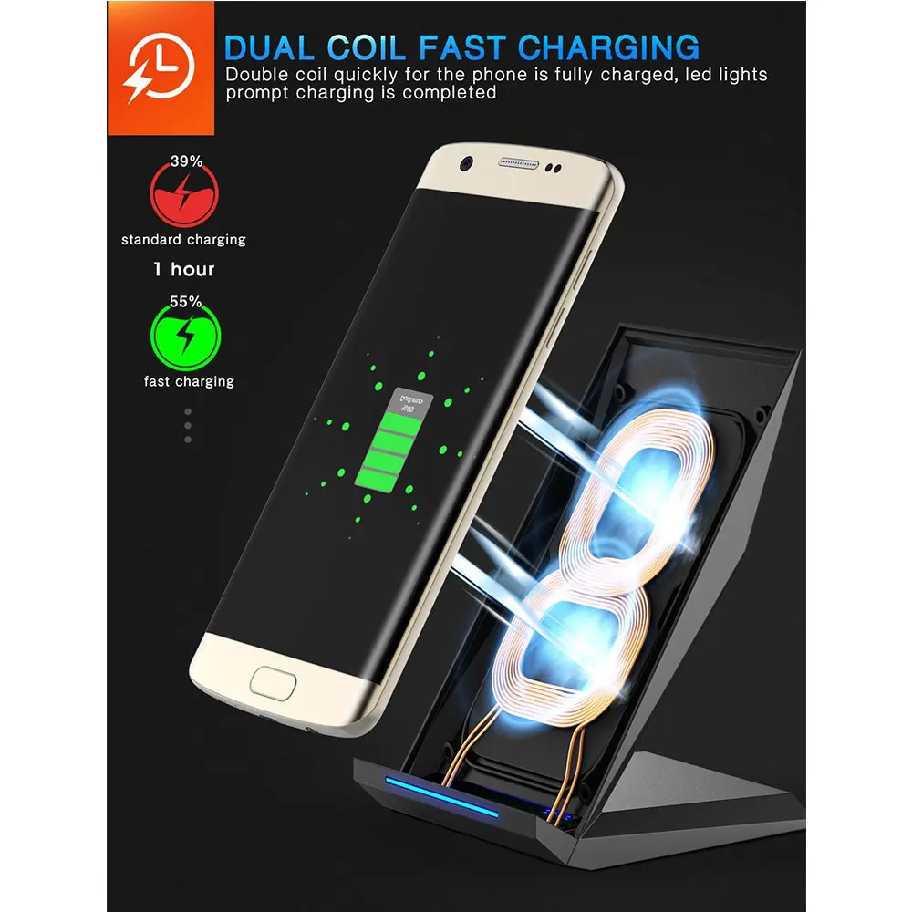 Ascromy For iPhone X Wireless Charger Qi Fast Charging Stand for Samsung Galaxy S9 Plus S8 Note 8 iPhone 8 Plus induction Charge (3)