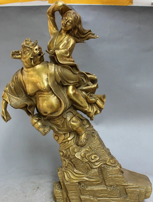 

Fast shipping USPS to USA S1229 18" Chinese Brass Pig King Zhu Ba Jie God Carrying Belle Beauty Goddess Statue
