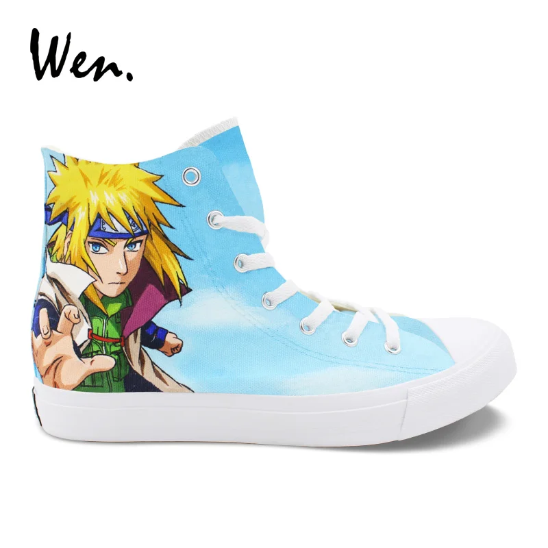 Wen Casual Flat Men Vulcanize Shoes Naruto Minato Itachi Hand Painted Cosplay Shoes Canvas High Help Low Heeled Sneakers Anime