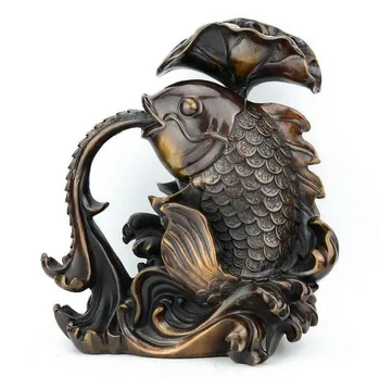 

China collection fine workmanship brass wealth Lotus leaf carp purple statue