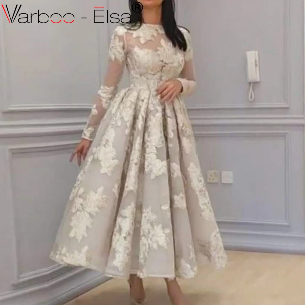 

VARBOO_ELSA Illusion Appliques Long Sleeves A-Line long sleeve Evening Dresses Muslim Elegant Evening Gowns 2019 Abiye Gowns