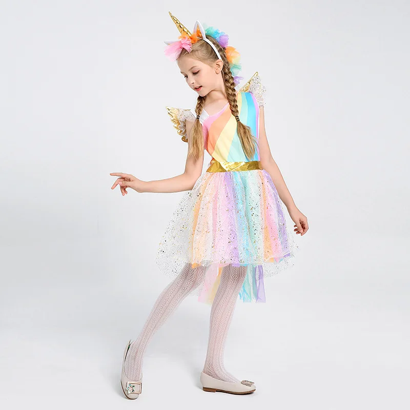 Girls' Dress Rainbow Unicorn Party With Headband Halloween Christmas Cosplay Costume Kids 2018 Summer Dress Party Dress