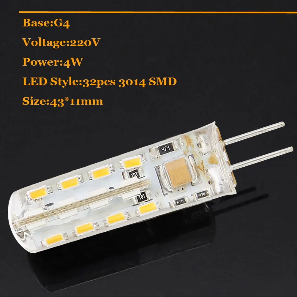 10 шт./лот G4 3 Вт 4 Вт 24 светодиода 32 светодиода SMD 3014 Светодиодные лампы Кристальные лампы для люстры 220 В зеленый красный синий заменить 30 Вт галогенный светильник