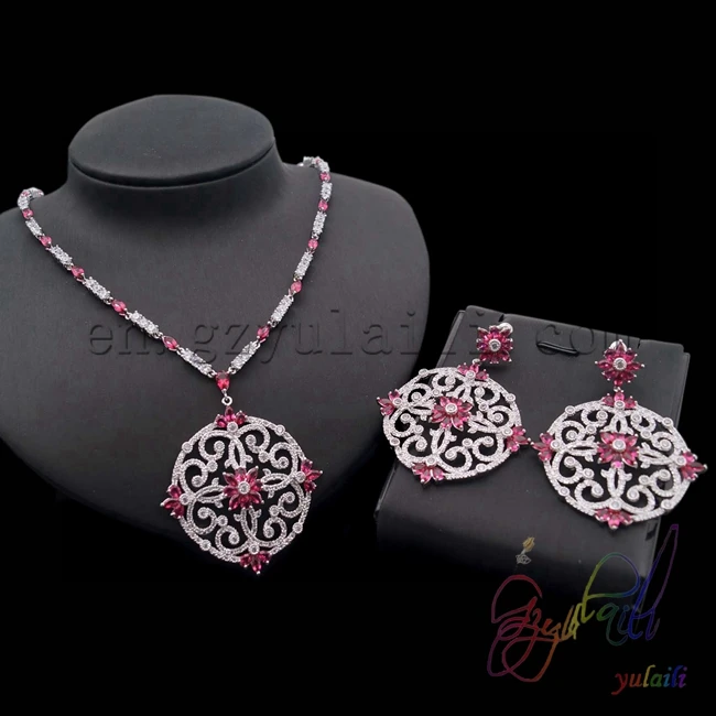 

Free shipping worldwide European style jewelry Wedding party dresses Lady jewelry Saudi Arabian Zircon Silver-plated Set