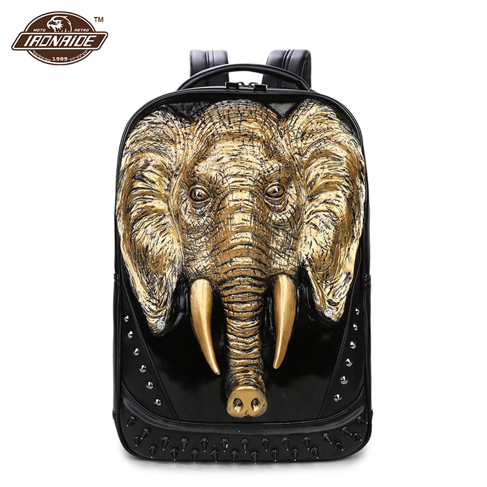 

Motorcycle Backpack Men Motorcycle Bag PU Leather Backpack Punk Knapsack 3D Embossed Elephant Head Bag Rivet Black Satchel