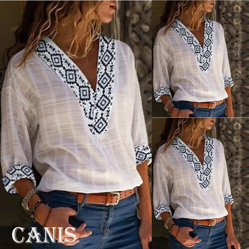 

Womens V-neck Tops Loose Long Sleeve T-Shirt Casual Chiffon Summer Shirts