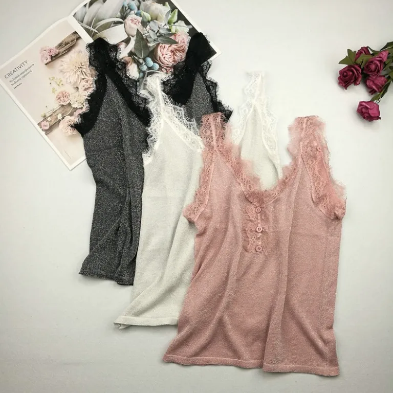 

Eyelash lace bright silk tank tops women knit Camisole Casual Summer sexy Sleeveless V Neck bottoming clothes 2019 summer shirts