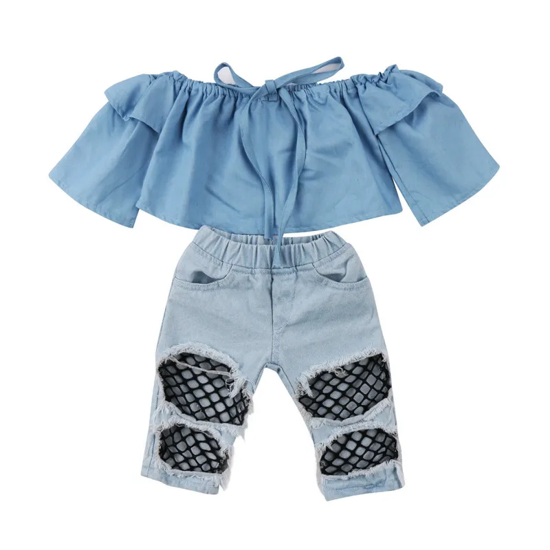 

Toddler Kids Baby Girls Infant Cotton Lace Up Off Shoulder Blouse Fishnet Hole Jeans Denim Long Pants Hole 2Pcs Outfits Clothes