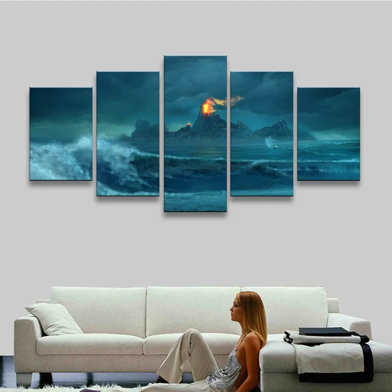 5 pieces high-definition print Volcanic island canvas oil painting poster and wall art living room picture HaiD-002 (1)