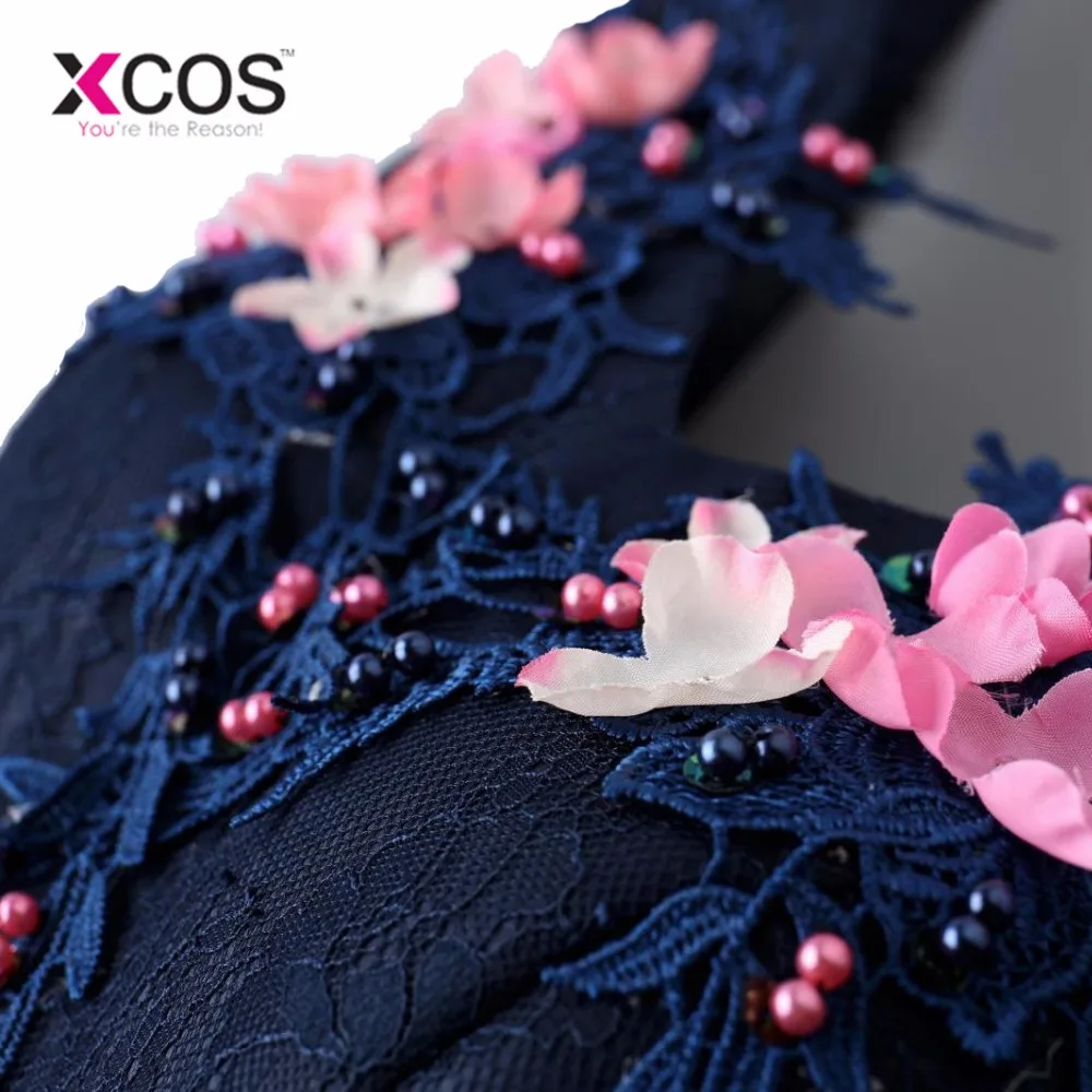 XCOS 2018 темно синие Бальные платья Цветы v образный вырез мин кружева короткие для