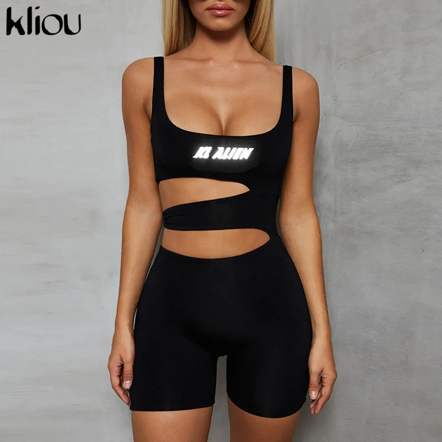 

Kliou women sexy hollow out skinny playsuit Reflective letter print bodysuit 2019 summer beach female rompers vacation clothes