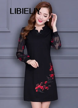 

Nice Spring New Large Size Stitching Women Fashion Embroidery Black V-neck long-sleeved Dress