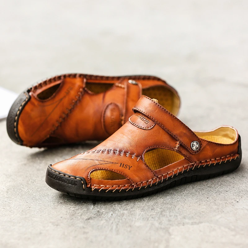 Г. Летние модные мужские Нескользящие удобные кожаные сандалии мужская Повседневная дышащая обувь Большие размеры 38-48, пляжные сандалии для мужчин